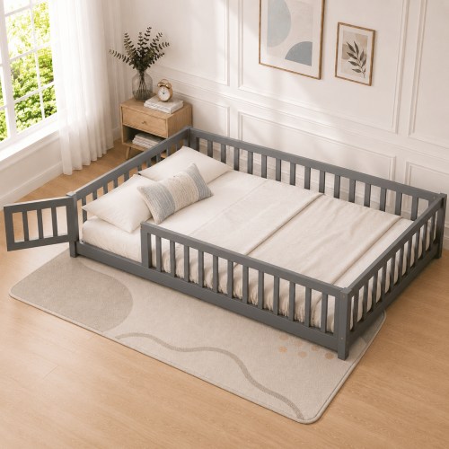 PAPROOS Full Montessor Floor Bed, Solid Wood Toddler Bed with Safety Guardrail and Door, Easy Assembly, Low-to-Floor Bed Frame with Slats for Kids, Gray