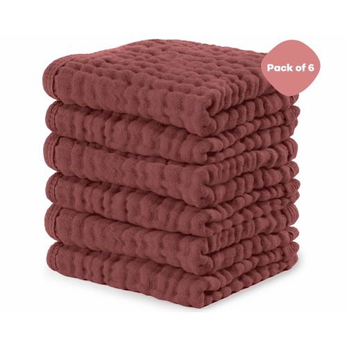 Comfy Cubs Baby Washcloths, Muslin Cotton Baby Towels, Large 10”x10” Wash Cloths (Wine, Pack of 6)
