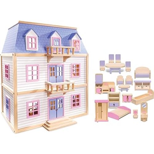 Melissa & Doug Wooden Multi-Level Dollhouse Wooden Multi-Story Pretend Play Dollhouse for Kids