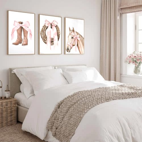 3 Pieces Art Prints Pink Bow Poster Pictures Cow-girl Boots Ro-pe Horse Canvas Wall Painting for Living Room Nursery Decoration With Wooden Inner Frame