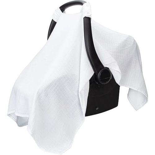 Comfy Cubs Baby Car Seat Cover - Soft, Breathable Bamboo Rayon and Muslin Cotton Blend - Lightweight Canopy for Sun, Bug, and Comfort Protection - Large Size Infant Seat Cover in White Design