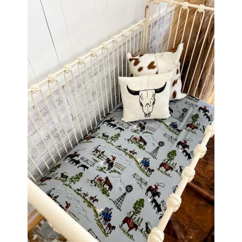 Life On the Ranch Fitted Crib Sheet (Light Blue)