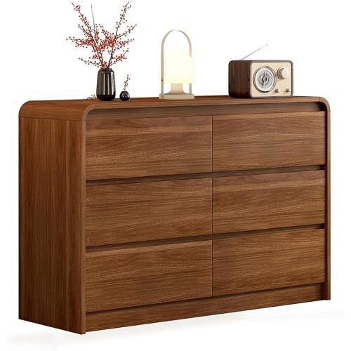 Modern 6 Drawer Dresser, 47-Inch Wood Chest of Drawers, Curved Anti-Collision Design, Mid-Century Storage Cabinet, Pre-Embedded Slots, Natural Texture, for Bedroom, Living Room, TV Stand, Nursery