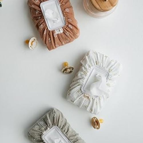 Baby Wipes Cover – Universal Size, One Size Fits All Wipes Packages | Muslin Cotton Tissue Cover for Nursery, Diaper Bag & Changing Table, Station | Gingham & Neutral Patterns (Caramel Daisy)