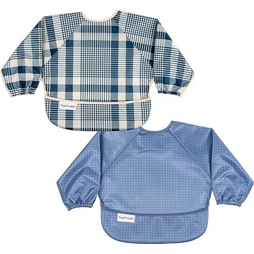 Tiny Twinkle Mess Proof Baby Bibs, 2pk Waterproof Smock Baby Bibs for Eating, Machine Washable Long Sleeve Bibs, Baby Led Weaning, Toddler Bibs, BLW Supplies (Gingham,Grid, Small 6-24 Months)