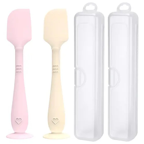2 Pack Diaper Cream Spatula with Hygienic Travel Case, Butt Spatula Baby with Suction Base, Baby Butt Paste Spatula, Soft Silicone Diaper Rash Cream Applicator Large Size (Pink & Offwhite)