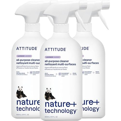 ATTITUDE All Purpose Cleaner Spray, EWG Verified, Vegan, Made with 94% Plant-Based Ingredients, Streak-Free for Kitchen, Bathroom, Glass & More, Lavender, 27.1 Fl Oz (Pack of 3)