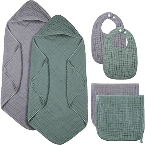6 Pcs Muslin Hooded Bath Towels Washcloths and Bibs Set, Muslin Cotton Baby Towels Absorbent Hooded Blanket Towel Infant Bibs for Boys Girls Newborn Infant Essentials(Gray, Green)