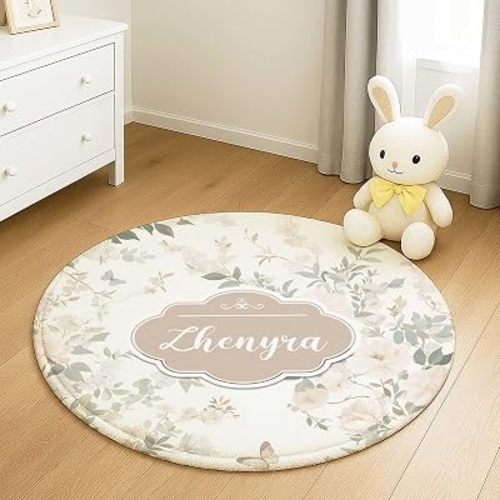 Personalized Nursery Baby Rug with Name, Flower Round Floor Rug for Girls, Soft Crawling Mat for Nursery Bedroom Decor