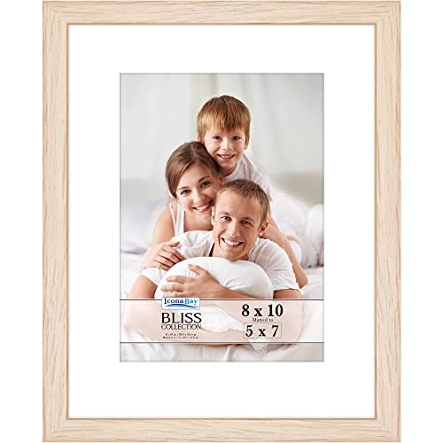 8x10 Mat to 5x7 Light Oak Picture Frame - Engineered Wood, Bliss Collection | Icona Bay photo frame with removable mat, shatterproof polystyrene cover sheet, modern style, tabletop or wall mount display