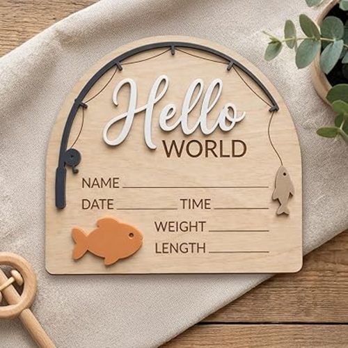 Hello World Baby Birth Announcement Sign Wooden Fishing Theme Newborn Photo Prop for Nursery Decor Personalized Infant Name Date Weight Length Plaque Hospital Bag Essential Fisherman