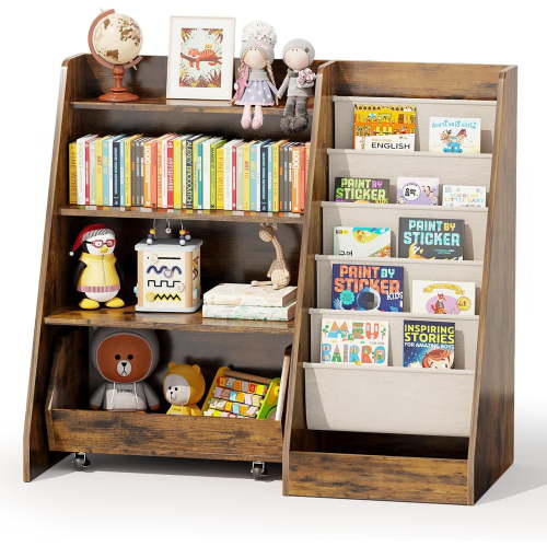 COZPAW Bookshelf and Toy Storage, 4 Tier Toddler Bookshelf with Movable Drawer 5 Sling Pockets, Montessori Book Shelf for Room, Playroom, Nursery (Brown)