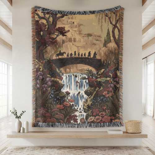 Fellowship Fantasy Tapestry, Halfling Adventure Book Blanket, Elven City Woven Wall Hanging, Wizard Elf Dwarf Large Tapestry, Fairytale Art