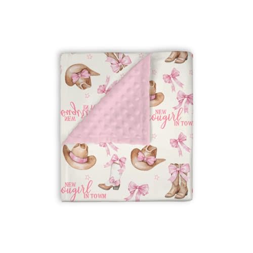 Mink Baby Girl Blanket Western New Cowgirl in Town, Pink Bow Ribbon Boot Hat Soft Double Layer Dotted Backing Receiving Swaddle, Newborn Infant Toddler Nursery Crib Bedding Shower Gift 30 x 40
