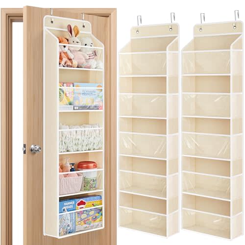 JARLINK 2 Pack Toy Stuffed Animal Storage, Over The Door Organizer W/Clear View Windows, 44lb Load, Baby Toy Storage Organizer for Nursery, Kid Bedroom, Newborn Baby Essentials (Beige)