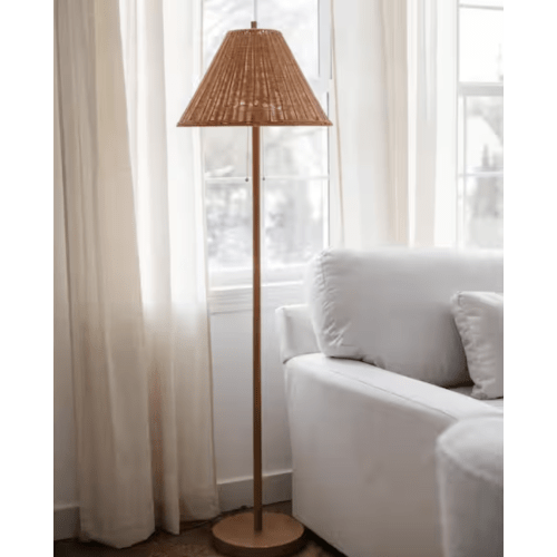 JONATHAN Y Nando 61 in. 2-Light Coastal Bohemian Iron/Rattan LED Floor Lamp with Pull-Chain, Brown Wood Finish JYL3092A