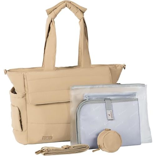 BabbleRoo Flo Tote Diaper Bag, 14-Pocket Cloud-Soft Puffer Newborn Bag for Parents, 14-Inch Laptop Sleeve, 3 Insulated Bottle Slots, Wet Pouch, Luggage Strap, Changing mat, Hidden Pocket, Taupe
