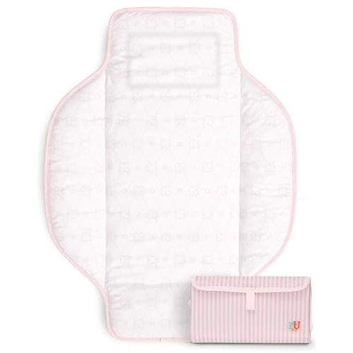 PZU Portable Diaper Changing Pad - Waterproof Travel Changing Mat with Built-in Pillow, Gifts for Baby Shower, Newborn Girls & Boys(Pink Stripes)