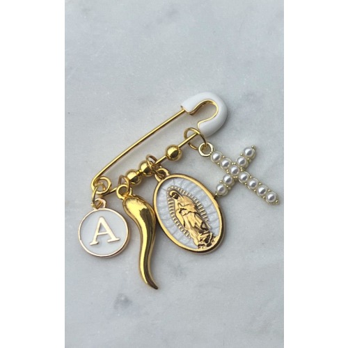 Personalized Baptism Pin • Enamel Virgin Mary, Pearl Cross, Horn Charm