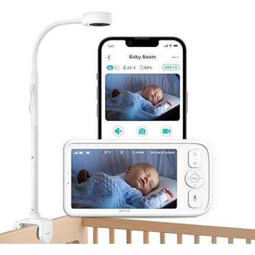 Baby Monitor with Camera and Audio, 5’’ Screen & App, 2.4GHz WiFi Secure Link, Sleep Tracking, Cry Detection, Night Vision, Temp & Humidity Monitor, 2-Way Talk, 5GB Cloud Storage, 4-in-1 Mount