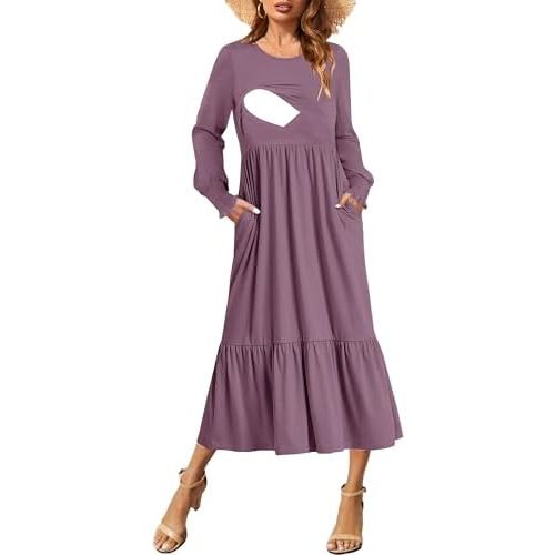 CzzzyL Women Nursing Dress Crew Neck Fall Maternity Flowy Long Sleeve Smocked Cuffs Tiered Cocktail Dresses with Pockets