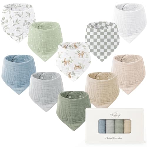 Konssy 10 Pack Baby Muslin Bandana Bibs for Drooling and Teething | 100% Cotton, 6-Layer Bibs, Pre-Washed Soft & Absorbent, Adjustable Neck Fit, Boys & Girls 0-36M