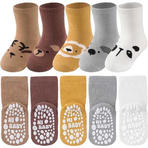 Toddler Socks with Grips, 5 Pairs Baby Grip Socks for Girls Boys, Cotton Blend Crew Socks for Crawling & Walking