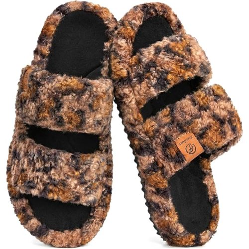 EverFoams Womens Fuzzy Open-toe Slippers Soft Comfy Memory Foam Indoor House Shoes