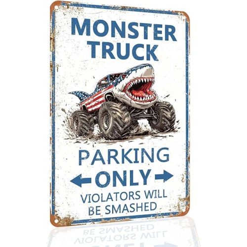 Monster Truck Parking Only Metal Sign, Boys Bedroom Monster Truck Parking Wall Decor, Birthday Decorations Party Supplies, Monster Truck Wall Decor Poster for Boys Kids, 8x12 Inch