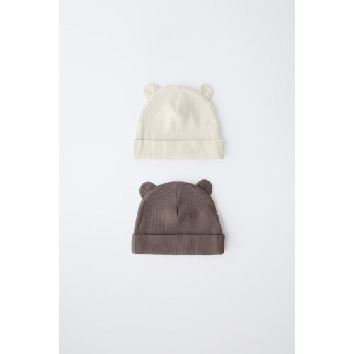 2-PACK OF RIBBED BEANIES WITH EARS - Ecru / Brown | ZARA United States