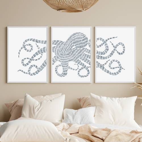 Octopus Print Triptych | Slate Blue & White Nautical Decor for Beach House | "Octopus Kraken Illustration" - Set of 3 Art Prints or Canvases