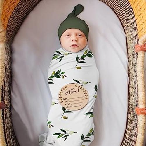 Ylsteed Baby Swaddle Blanket and Headband Set, Newborn Receiving Blanket Swaddle Wrap for Girls Boys, Swaddling Blankets Neutral for Newborn,Soft and Skin-Friendly Receiving Wrap 32*32"(Green leaves)