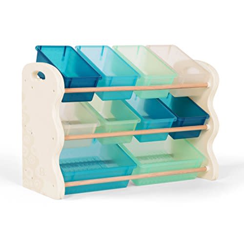 B. toys Totes Tidy Toy Organizer, Kids Storage Unit with 10 Totes | 10 movable bins in 2 sizes, solid wooden dowels, side handles, ivory sea mint finish, coordinates with B. spaces, 3+ Years