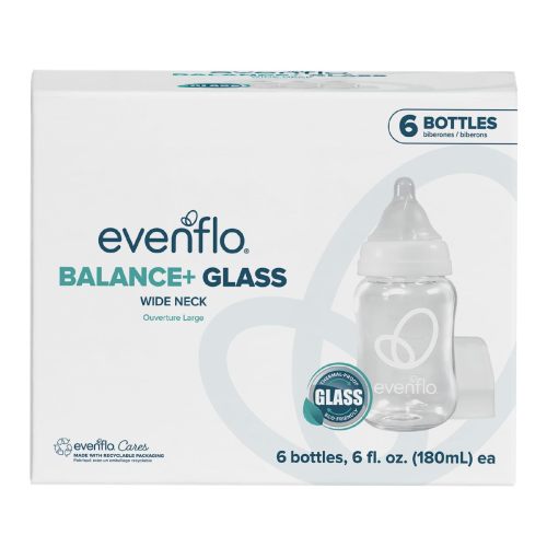 Evenflo Balance+ Glass Wide Neck Baby Bottles, Clear, 6 fl oz, 6 Pack