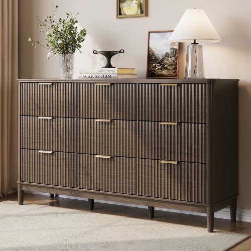 Linsy Home Oversized Fluted Dressers for Bedroom, Wide Chest of 9 Drawers, Dark Brown