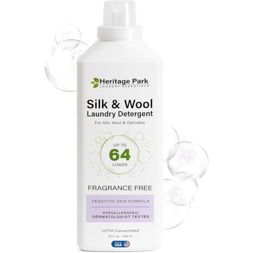 Heritage Park Silk & Wool Fragrance Free, Hypoallergenic, pH-Neutral Laundry Detergent – Dermatologist-tested, Sensitive Skin-Friendly, Enzyme-Free, Concentrated Up to 64 loads (32 fl oz)