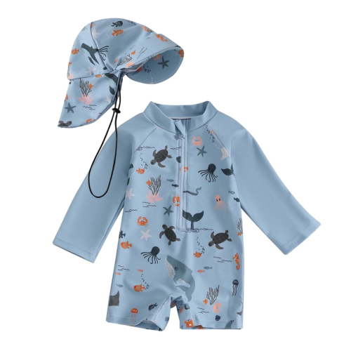 WOYY Boys Quick Dry UPF 50+ Long Sleeve Rash Guard & Sun Hat Swimsuit