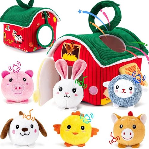 Soft Sensory Baby Toys with Rattles, Crinkles & Squeak - Plush Barn with 6 Stuffed Farm Animals for 6-12 Months Babies - Montessori Toy for Boy Girl Infant & Toddler Gift