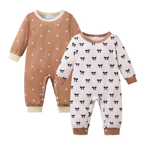 KIMI BEAR Newborn Baby Girl Romper 0-3 Months Clothing 2 Packs Shower Gift Long Sleeves Floral Bowknot Bodysuit One-piece Jumpsuit 2pcs Clothes Brown