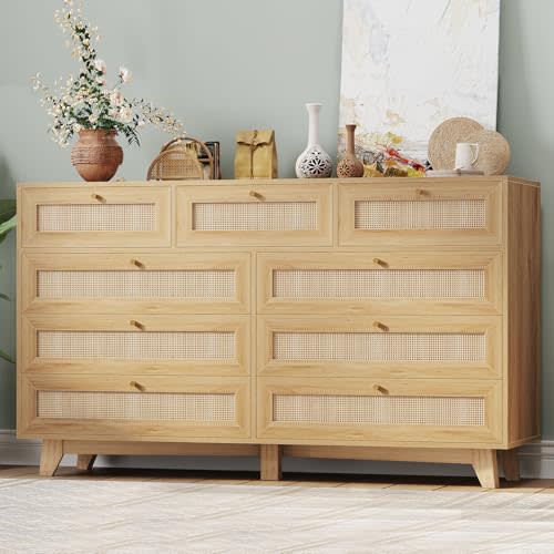 AOGLLATI Rattan Dresser for Bedroom with 9 Drawer, Modern Wooden Long Bedroom Dresser, Chest of Drawers with Metal Handle & Solid Wood Legs for Bedroom/Living Room, Wood