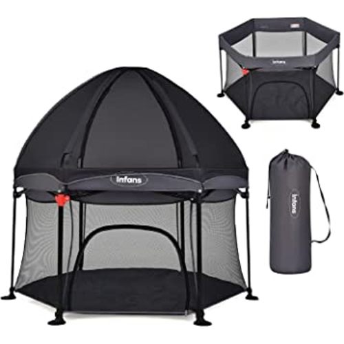 INFANS Baby Playpen with Removable Mesh & UV Canopy, 53" Portable Playhouse with Carry Bag, Dome, Padded Floor, Easy Folding Playard Activity Center (Dark Grey)