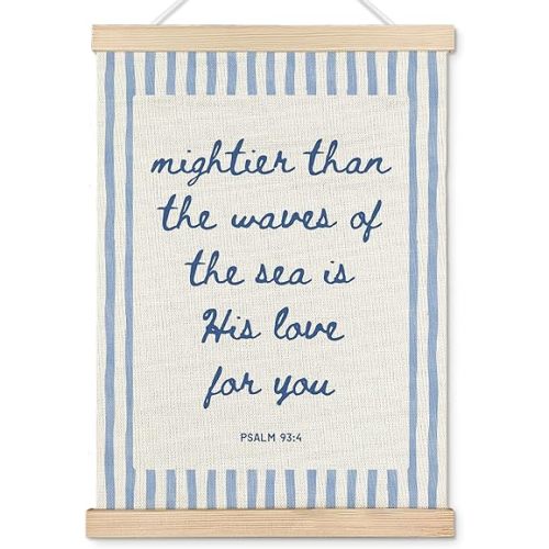 Cquwb Blue Coastal Christian Nursery Wall Art Decor, Psalm 93:4 Mightier Than the Waves Bible Verse Canvas Poster Wall Decoration for Kids Boy Girl Room Bedroom, 12x16 in