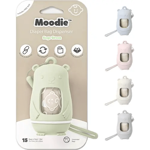 Teddy Bear Diaper Bag Dispenser | Diaper Trash Bags on the Go Dispenser w/Silicon Strap | 15 UNSCENTED Baby Poop Bags per Roll | Dirty Diaper Bags Disposable | Diaper Waste Bags (SAGE GREEN)