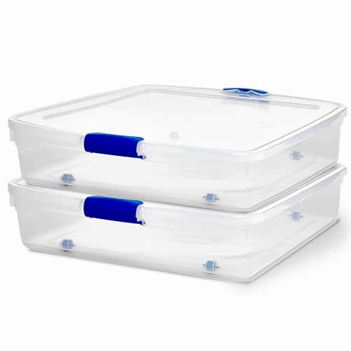 HOMZ 2-Pack Under Bed Storage, Clear Plastic Containers with Lids, 56 Quart, Blue Latch - Stackable Underbed Organizer Bins for Shoes, Bags, Clothes, and Towels