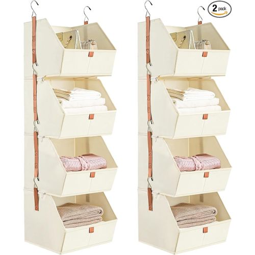 4 Tier Hanging Closet Organizer,Disassemblable Clothes Hanging Shelves,Fabric Closet Organizer System for Space-Saving,Foldable Storage Basket for Bedroom, Rv (2 Pack,Beige)
