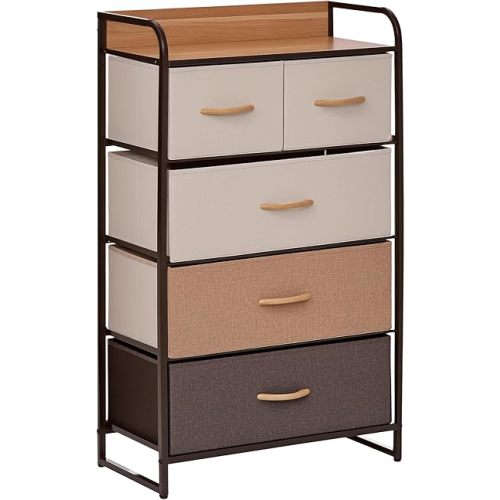 HOMCOM 5-Drawer Fabric Dresser Tower, 4-Tier Storage Organizer with Steel Frame for Hallway, Bedroom and Closet, Maple Wood