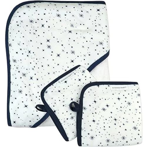 HonestBaby Unisex Baby 3-Piece Organic Cotton Hooded Towel & Washcloth Set, Twinkle Star White/Navy, One Size