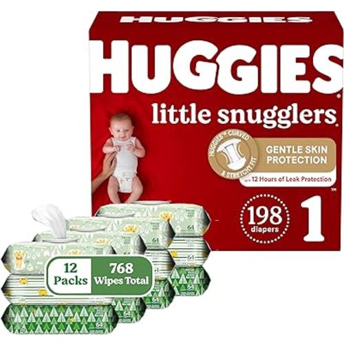 Huggies Little Snugglers Diapers & Wipes Bundle: Huggies Little Snugglers Size 1 Baby Diaper, 198ct & Huggies Natural Care Sensitive Wipes, Unscented, 12 Packs (768 Wipes Total) (Packaging May Vary)