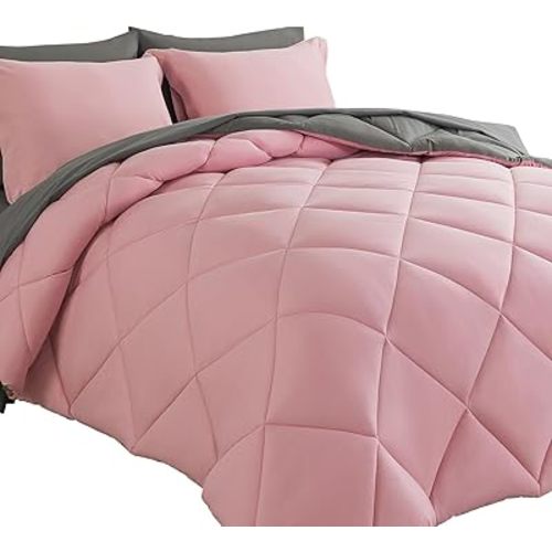 Cosybay Bed in a Bag Full Comforter Sets 7pcs All Season Solid Down Alternative Bedding Sets Pink and Grey with Comforter, Pillow Shams, Flat Sheet, Fitted Sheet and Pillowcases