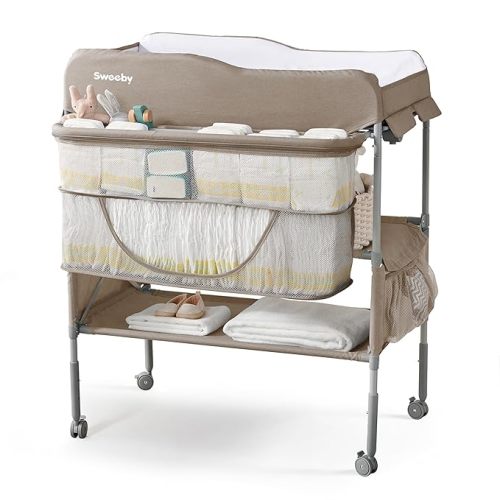 Portable Baby Changing Table, Foldable Diaper Changing Station with Waterproof Pad, Mobile Nursery Organizer for Infant & Newborn Essentials, Light Khaki, Standard